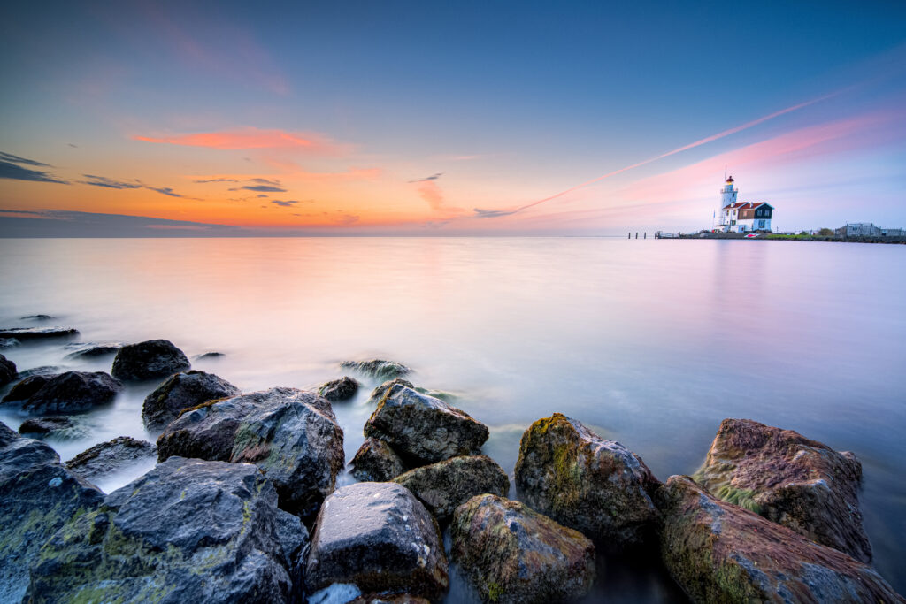 The "Het Paard van Marken" lighthouse at sunrise. Marken is a small fishing village on the Markermeer.